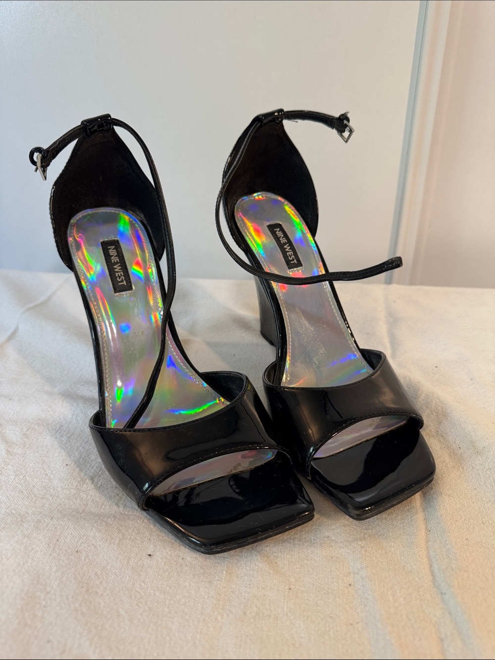 Nine West Black Patent Square-Toe Ankle-Strap Block Heels